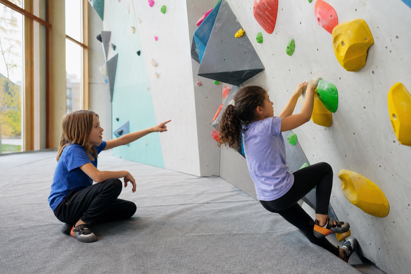 Två barn samarbetar kring en låg boulderled i en klätterhall